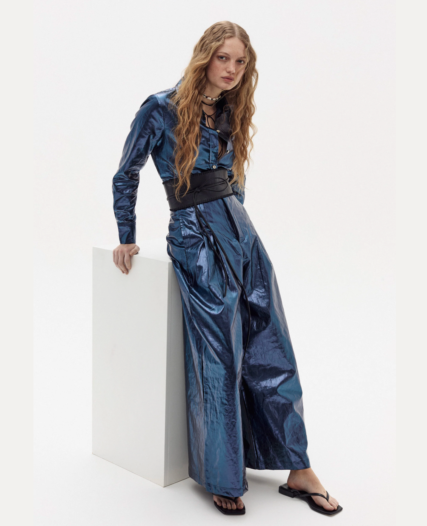Culotte Metallic Linen Pants - Dark Blue