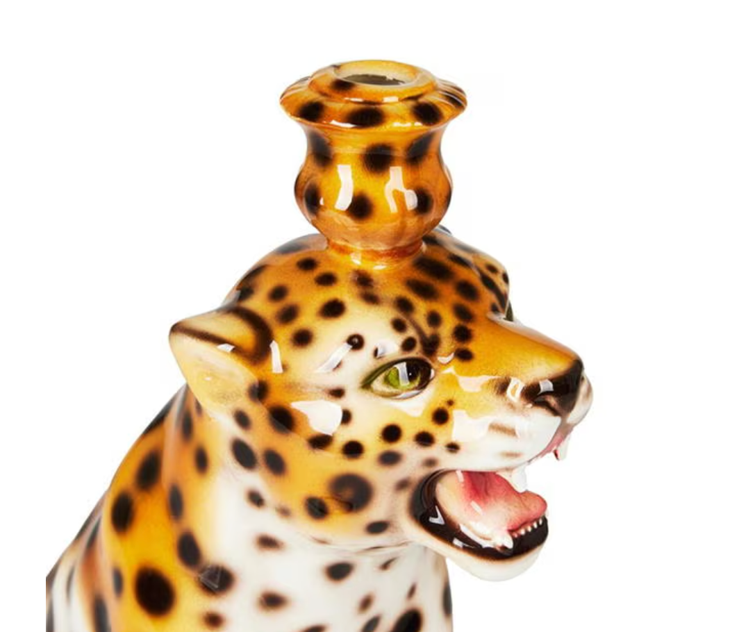 CERAMIC JUNGLE LEOPARD CANDLESTICK HOLDER