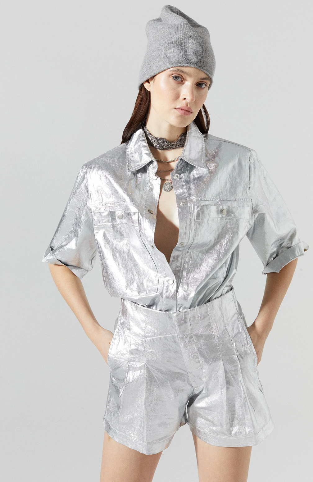 Frida Metallic Linen Shorts-New Silver