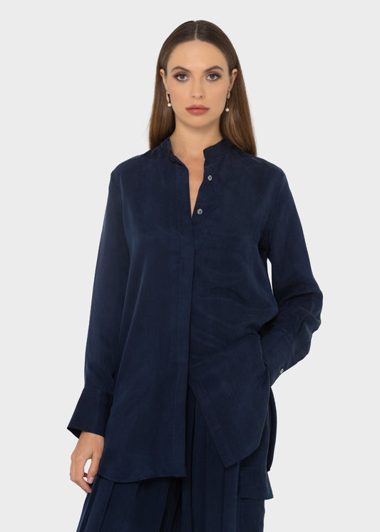 Midnight Blue Grace Band Collar Shirt-niLuu