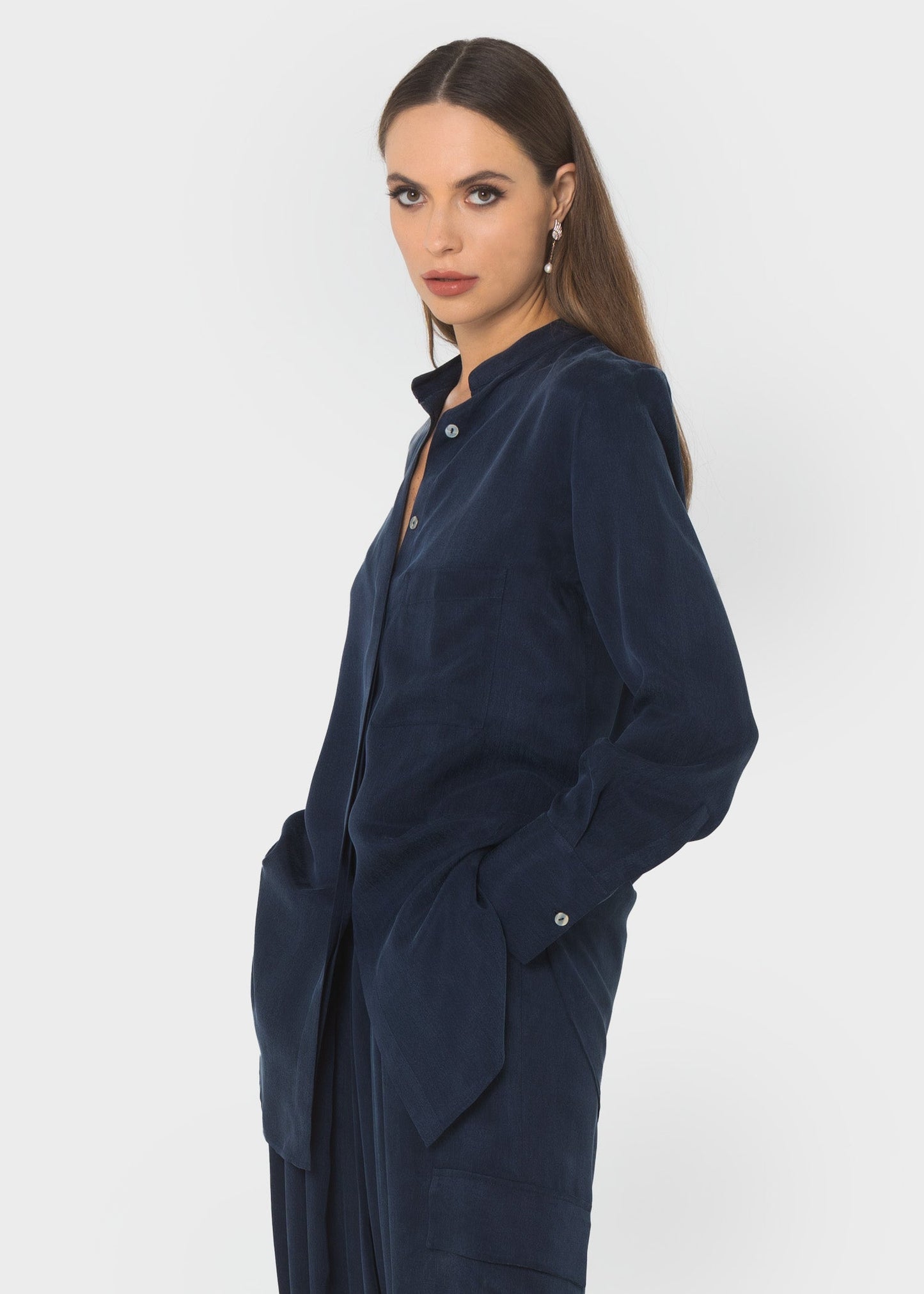 Midnight Blue Grace Band Collar Shirt-niLuu