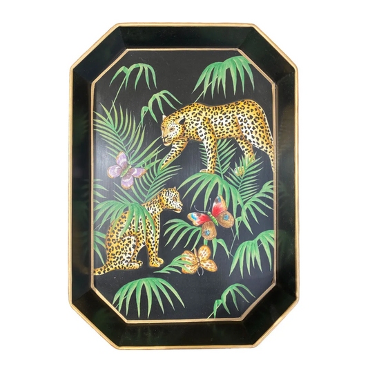 HAND-PAINTED IRON TRAY-TROPICAL LEOPARDS