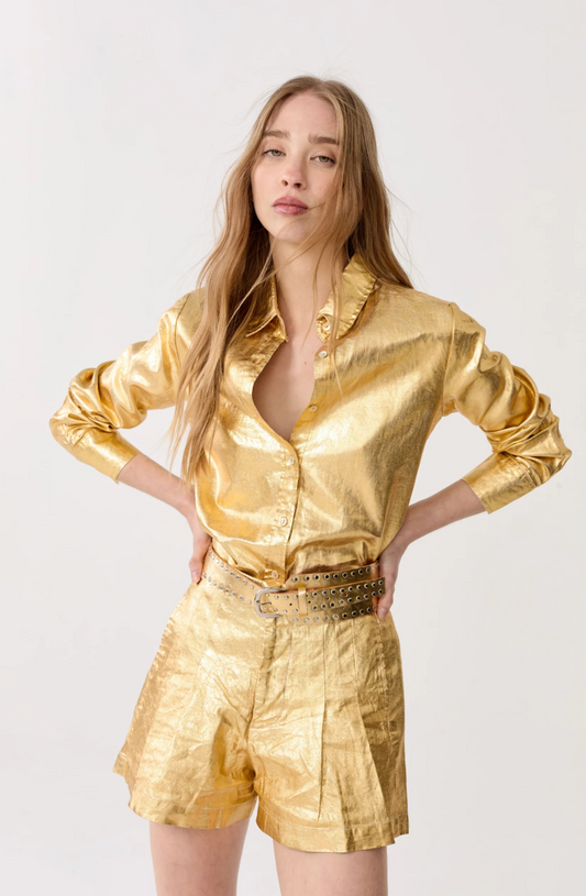 Frida Metallic Linen Shorts - Gold