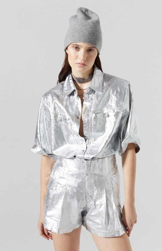 Frida Metallic Linen Shorts-New Silver