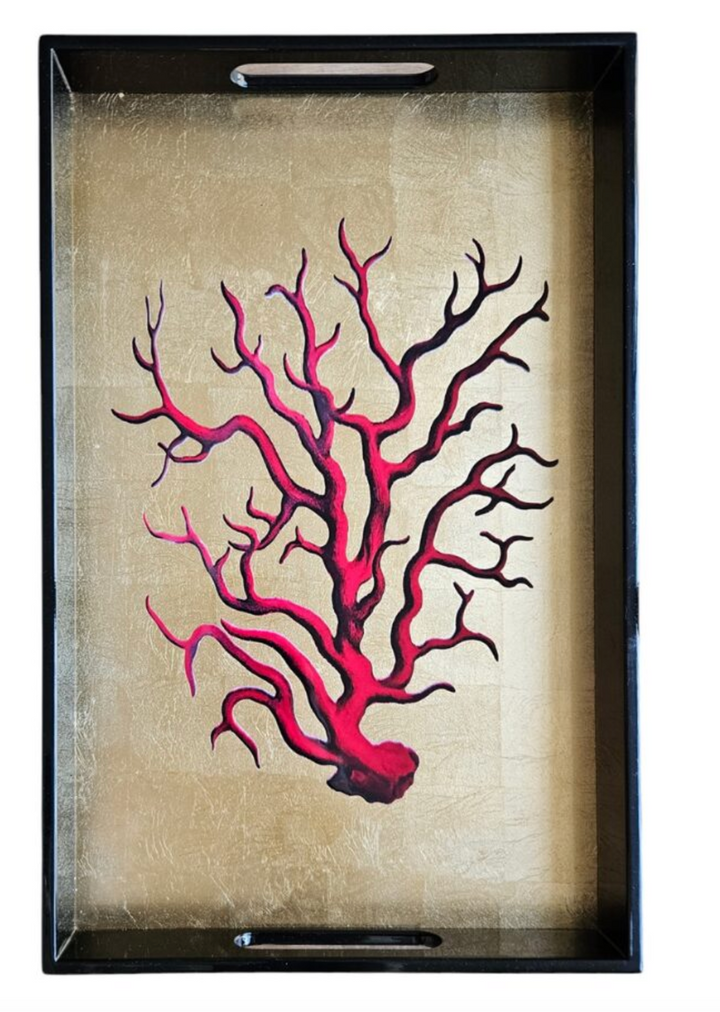 Lacquered Wooden Tray-Coral