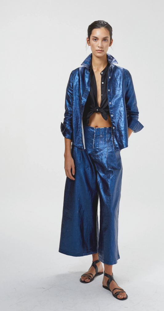Culotte Metallic Linen Pants - Dark Blue