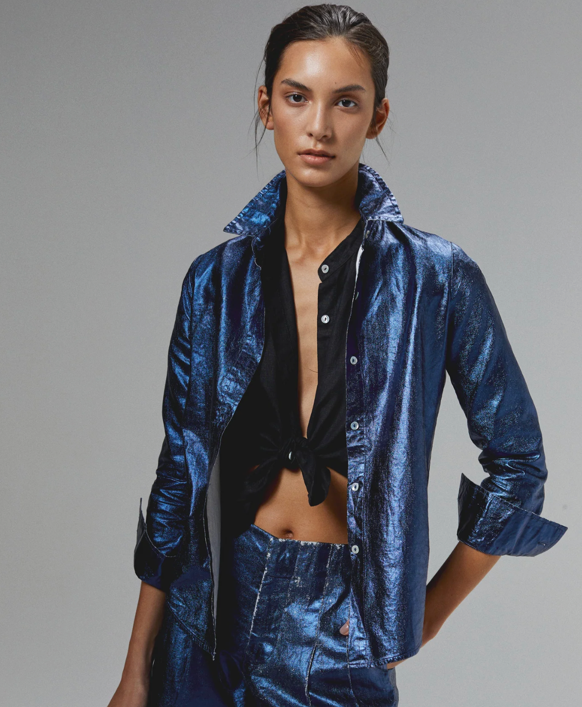 San Marino Metallic Linen Shirt - Dark Blue