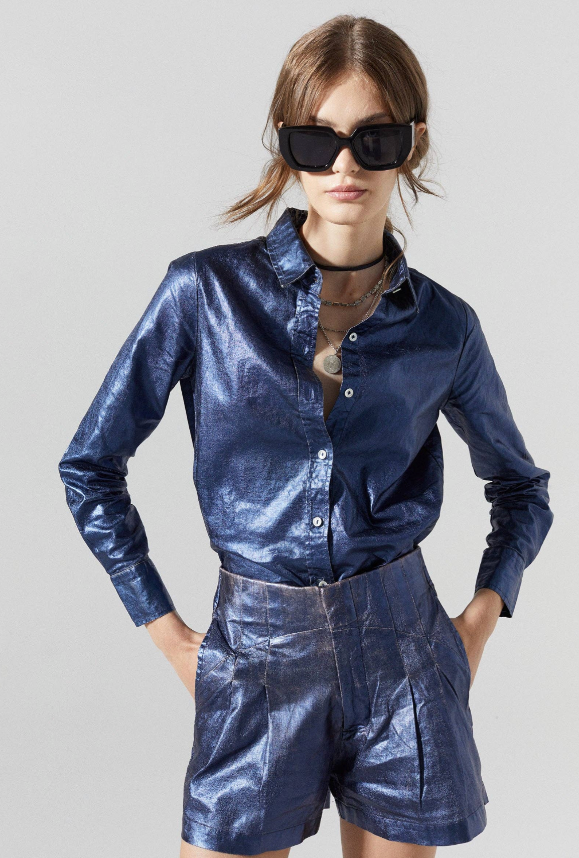 San Marino Metallic Linen Shirt - Dark Blue