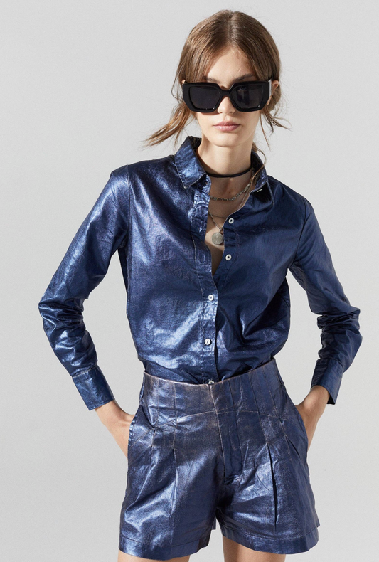 San Marino Metallic Linen Shirt - Dark Blue