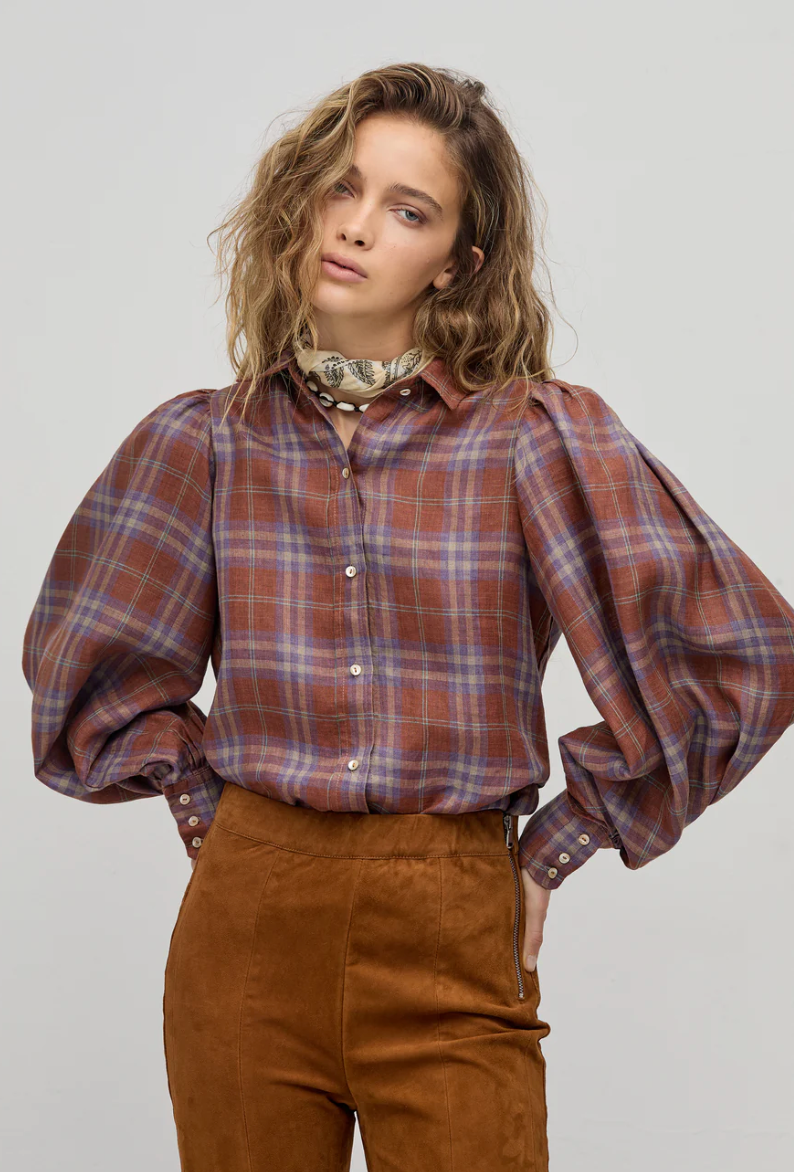 Camille Linen Shirt - Hazelnut Checks
