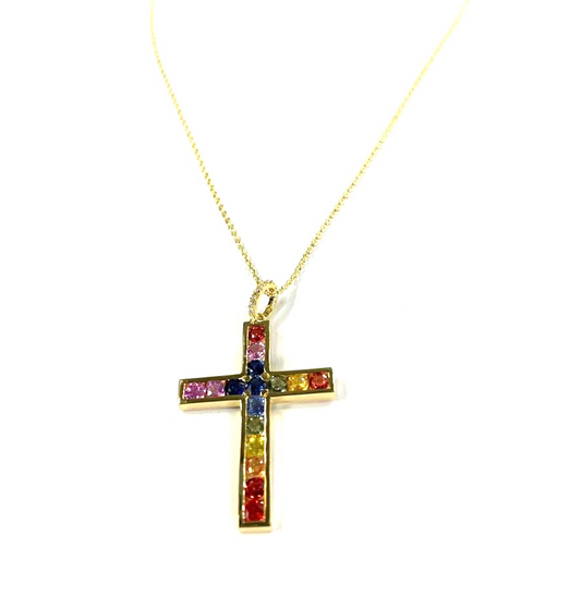 RAINBOW SAPPHIRE CROSS NECKLACE