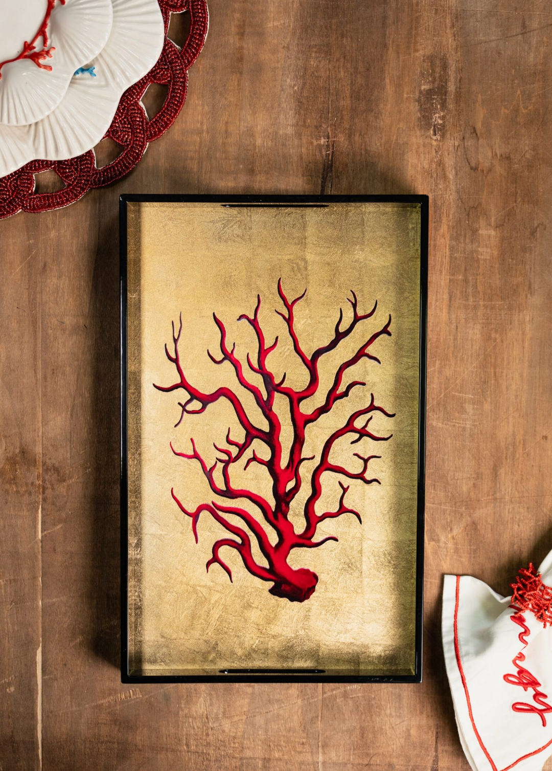 Lacquered Wooden Tray-Coral