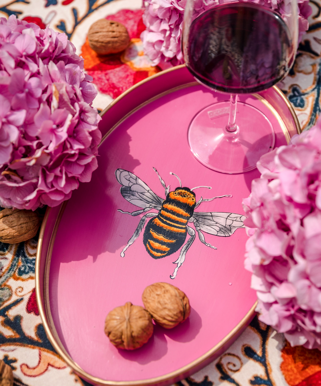 Hand Painted Iron Tray -Pink Bee