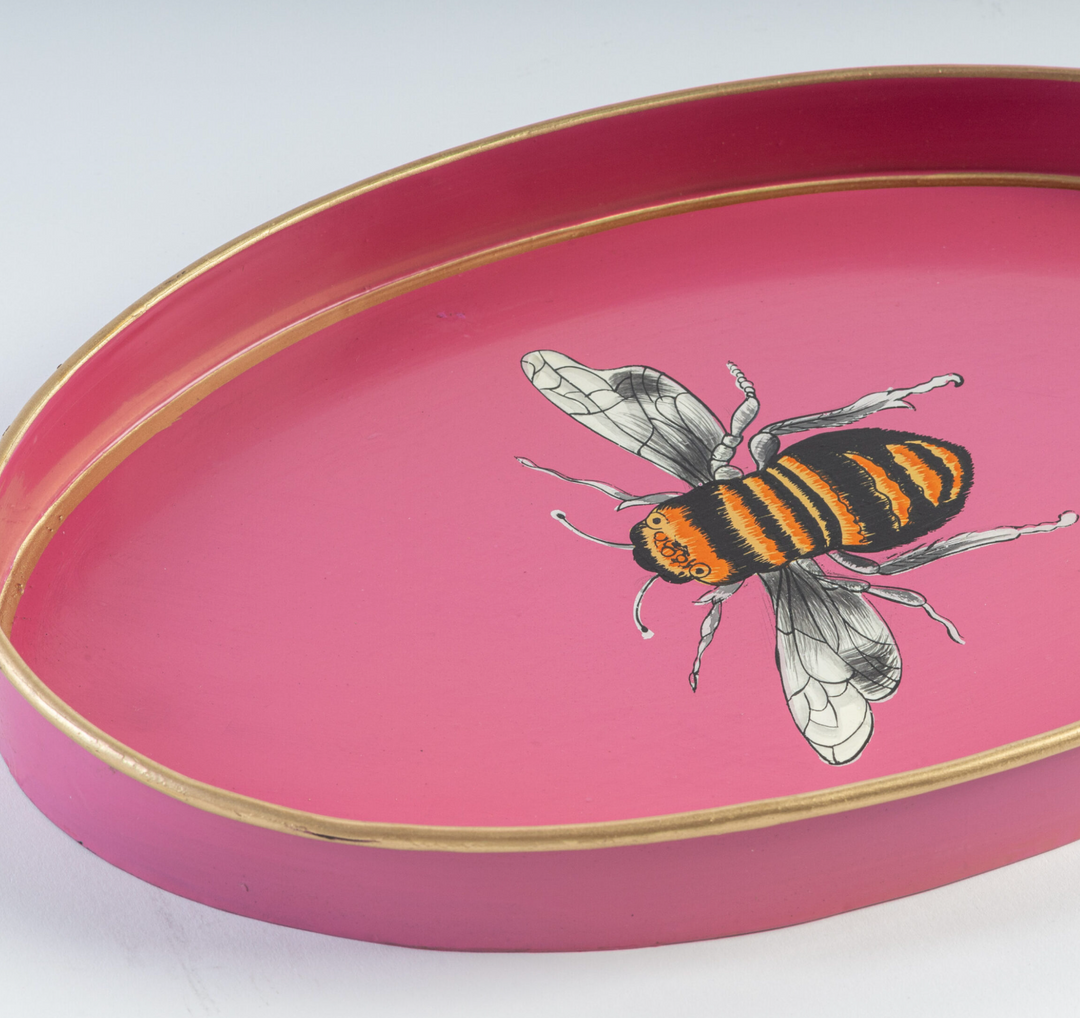 Hand Painted Iron Tray -Pink Bee