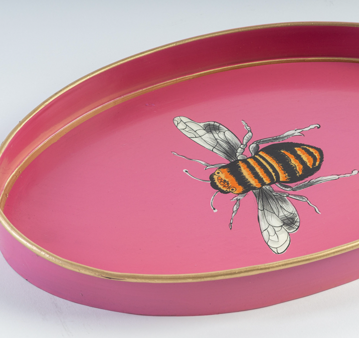 Hand Painted Iron Tray -Pink Bee