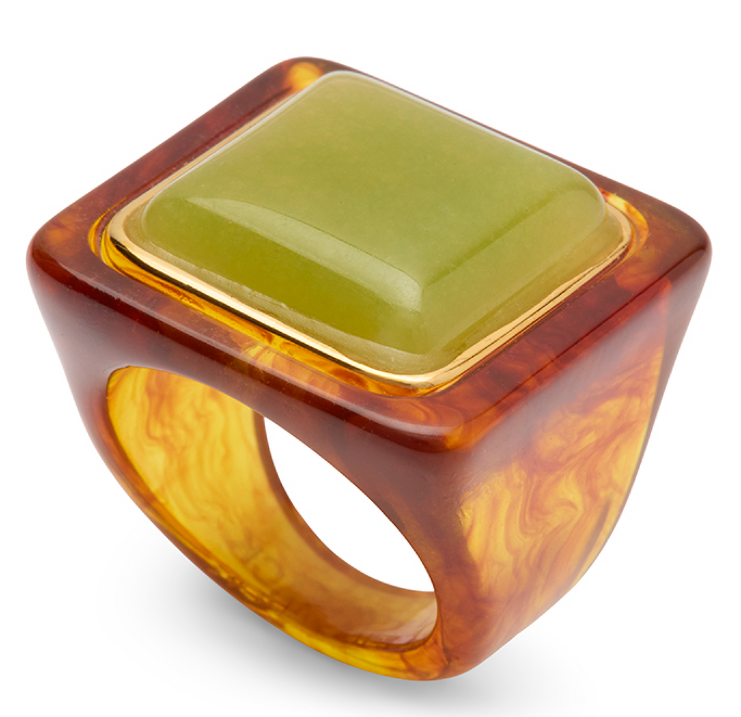 Lime Green Quartz-Tortoise Shell Resin Ring