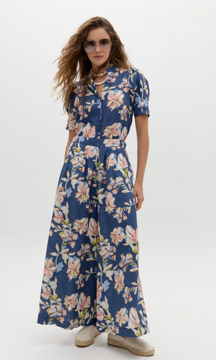 Sabi Linen Pants - Blue Poppy Print