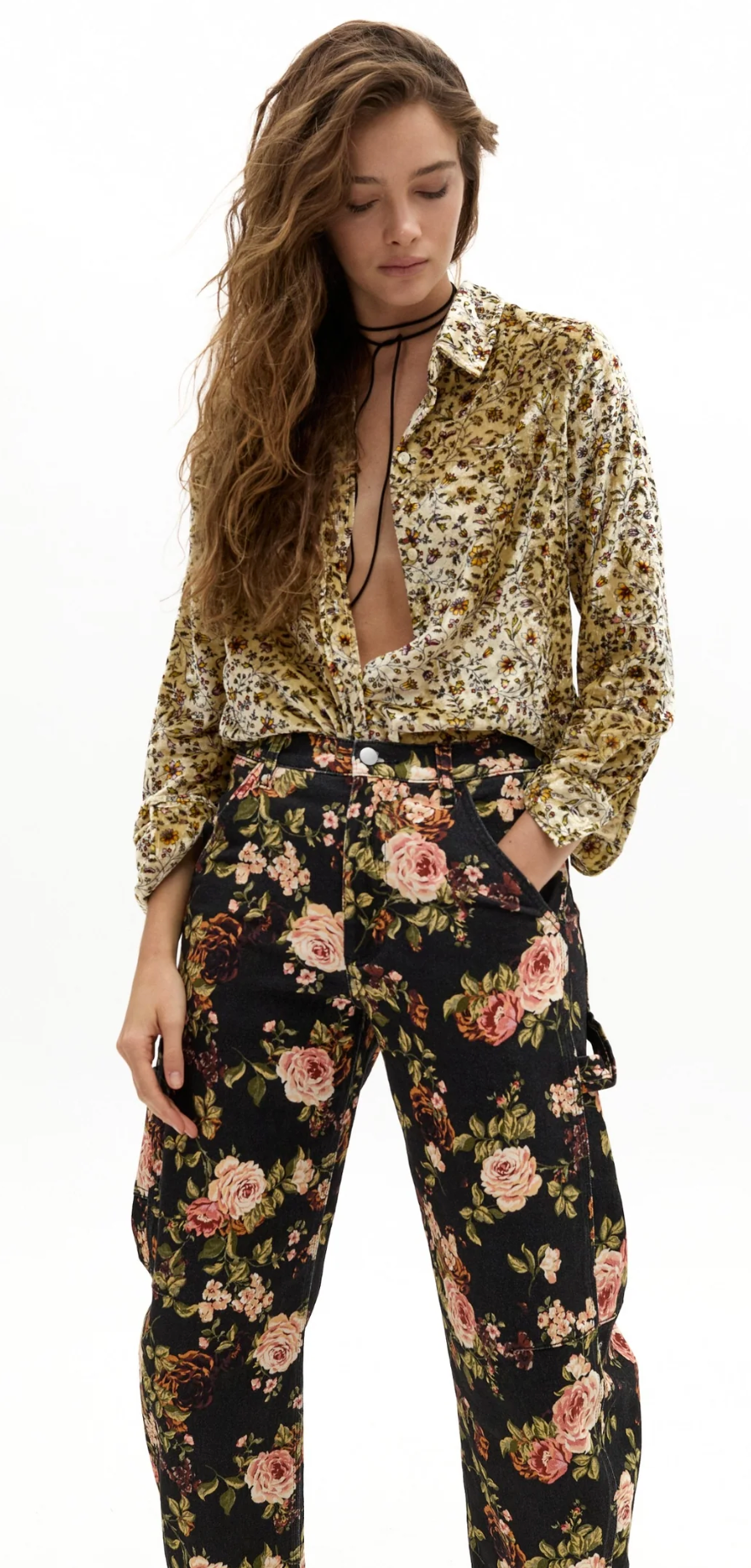 Ambar Denim Pants - Vintage Roses Print