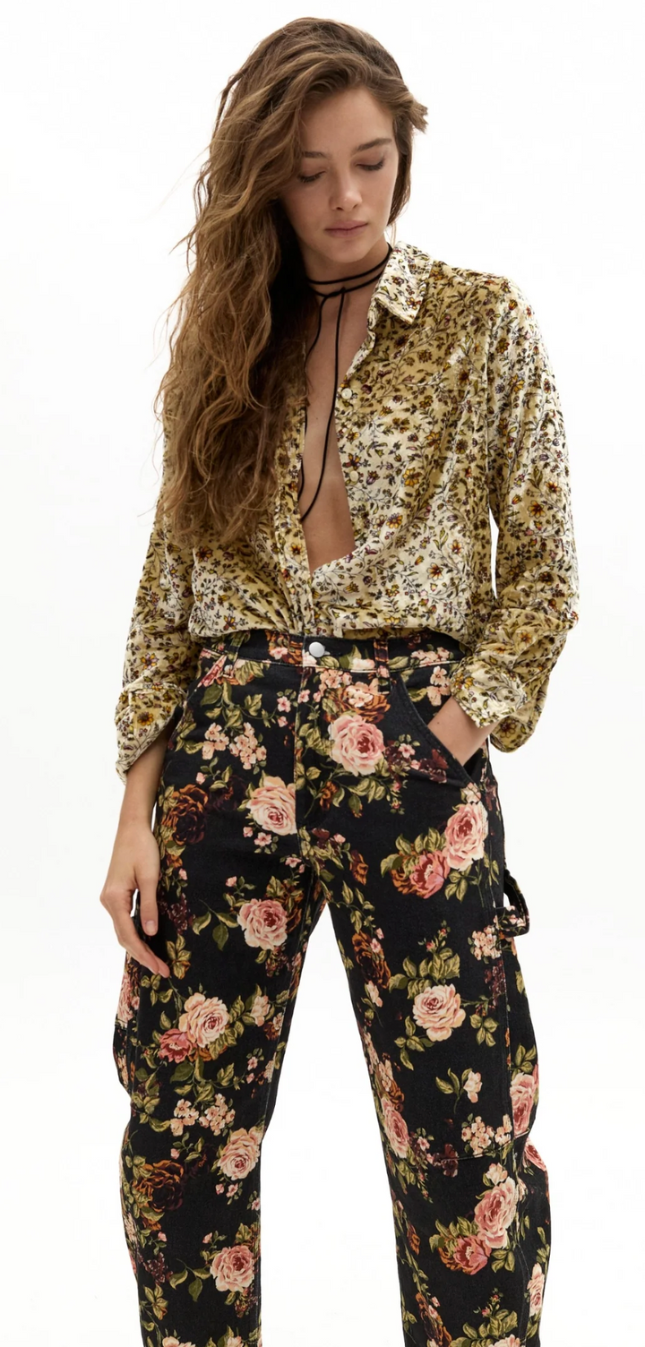 Ambar Denim Pants - Vintage Roses Print