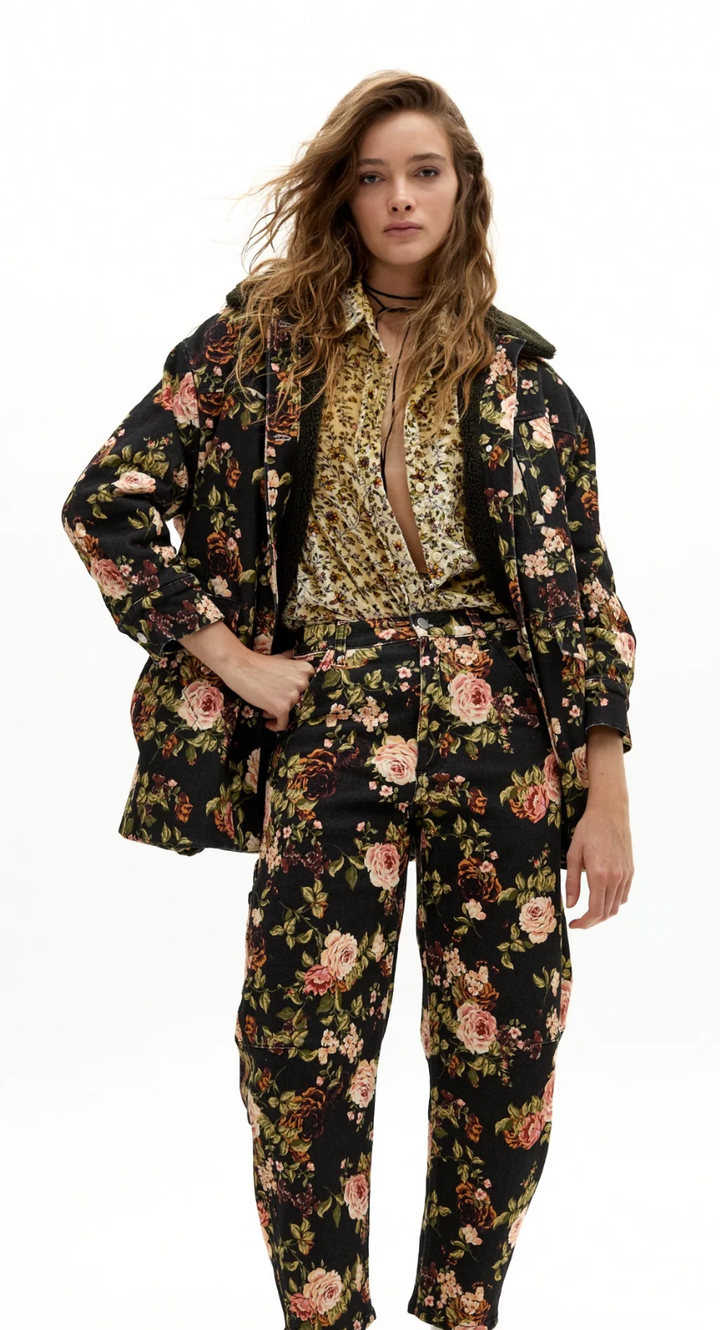 Ambar Denim Pants - Vintage Roses Print