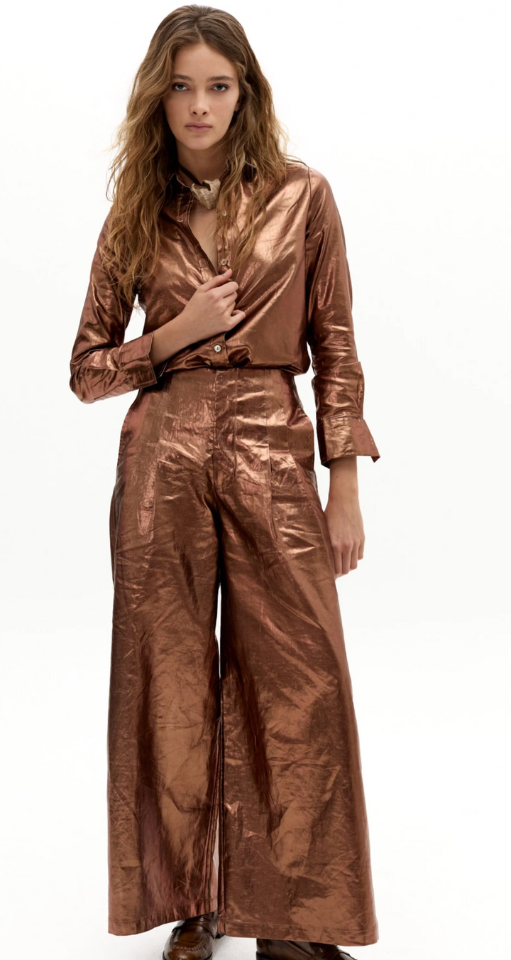 Culotte Metallic Linen Pants - Chocolate