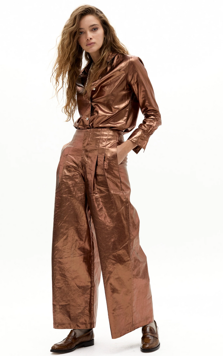 Culotte Metallic Linen Pants - Chocolate
