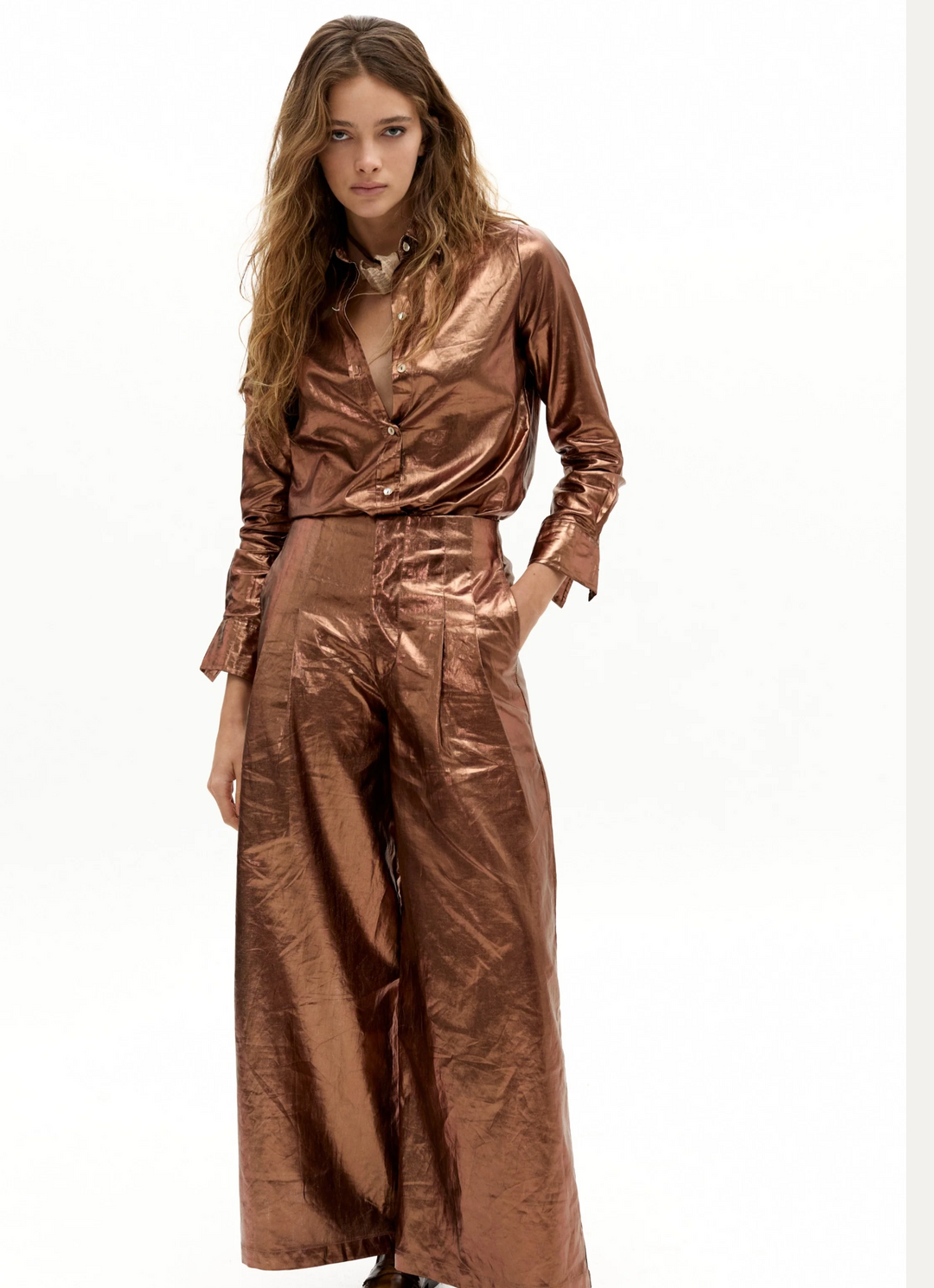 Culotte Metallic Linen Pants - Chocolate