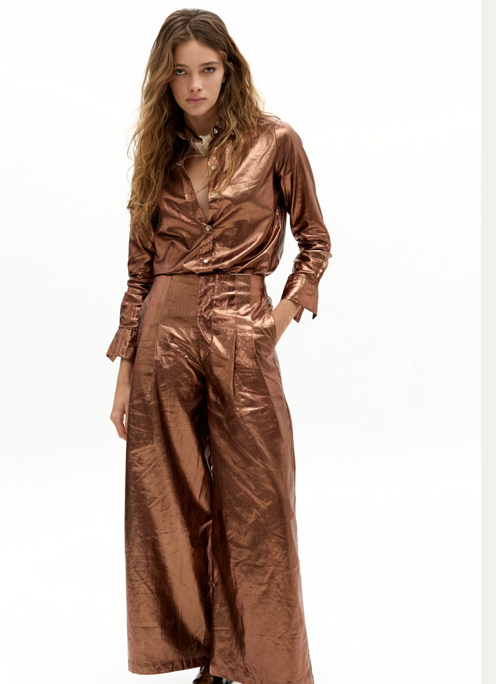 Culotte Metallic Linen Pants - Chocolate