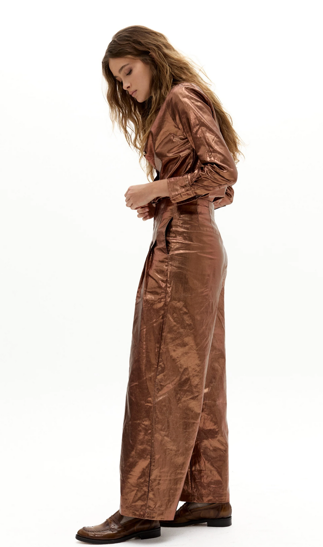Culotte Metallic Linen Pants - Chocolate