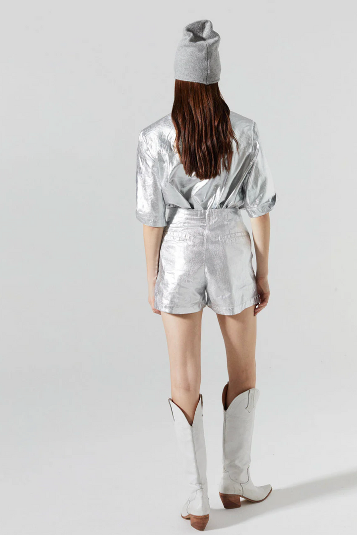 Frida Metallic Linen Shorts-New Silver