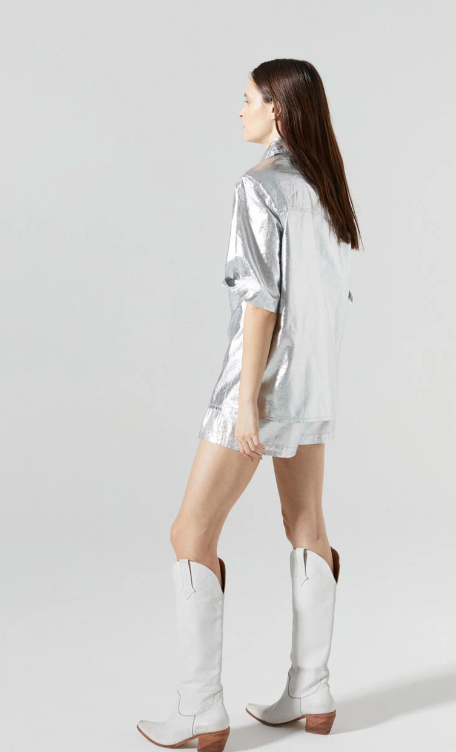 Frida Metallic Linen Shorts-New Silver