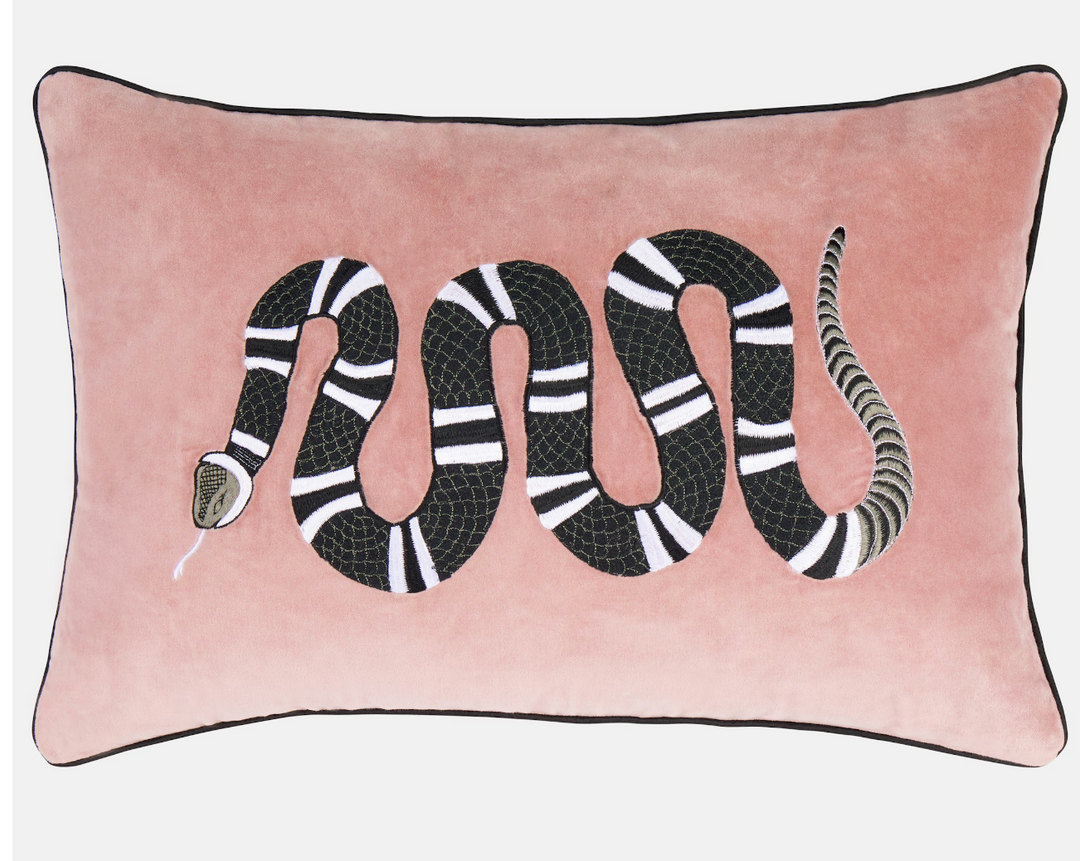 Embroidered Velvet Cushion -Pink Snake