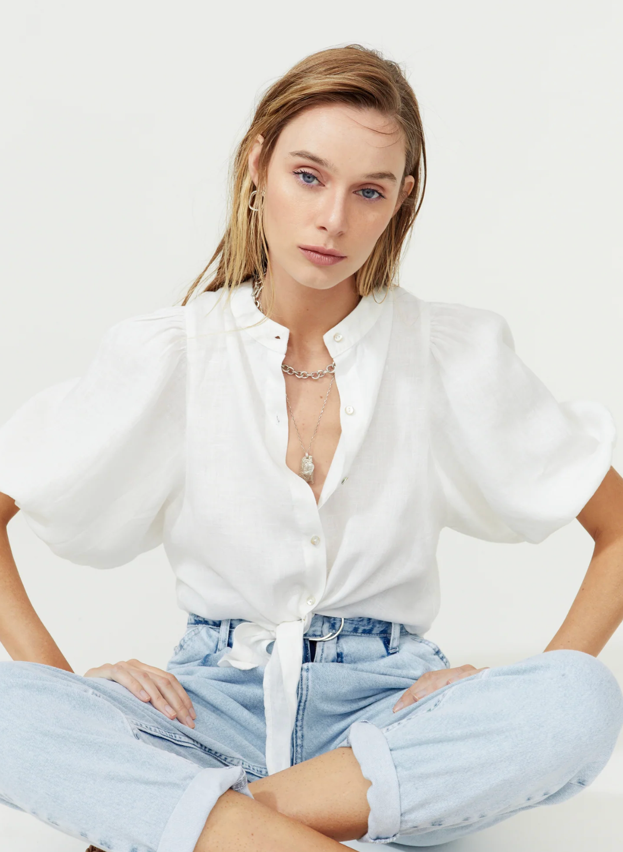 Bubble Linen Crop Top - Off White
