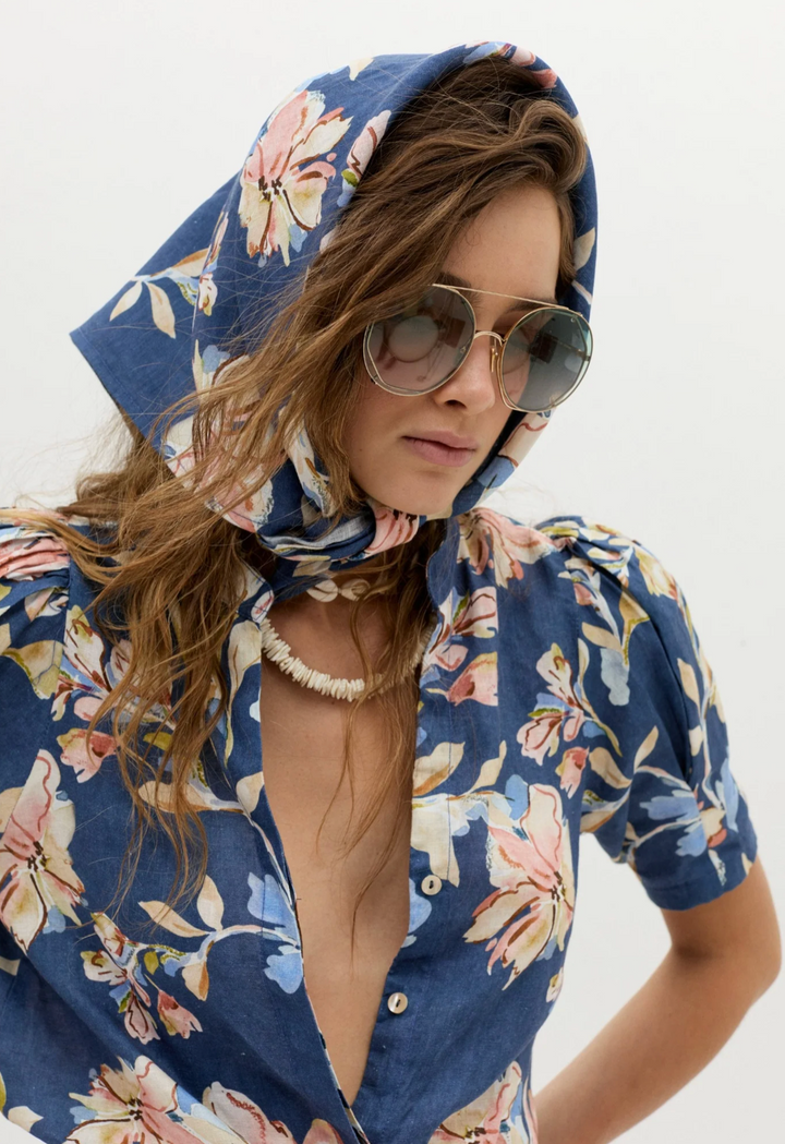Athina Linen Shirt - Blue Poppy Print