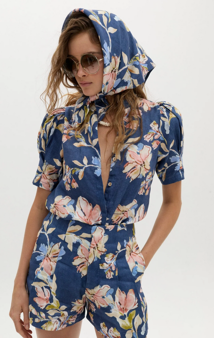Athina Linen Shirt - Blue Poppy Print